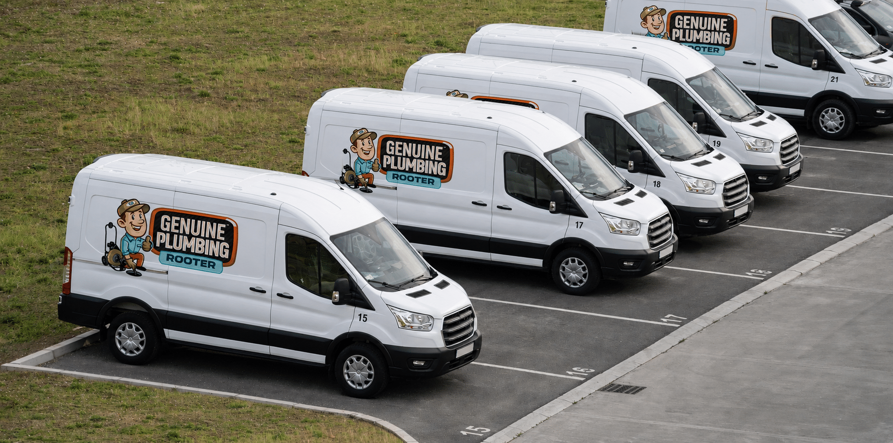 plumbing vans in a neat row
